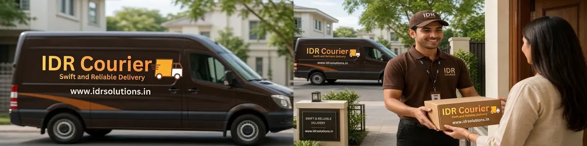 IDR Courier delivery staff in black pant brown t-shirt delivering B2B parcels at office
